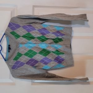 Girls gray caught against sweater with purple green and blue on it size 8